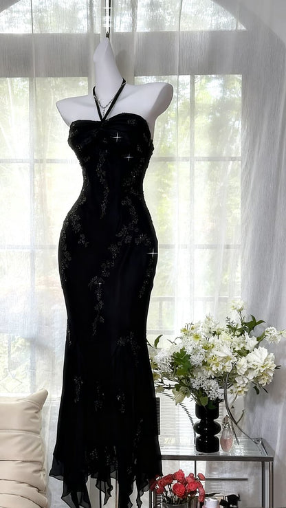 Vintage Green Mermaid Formal Evening Gown Halter Beaded Prom Dresses