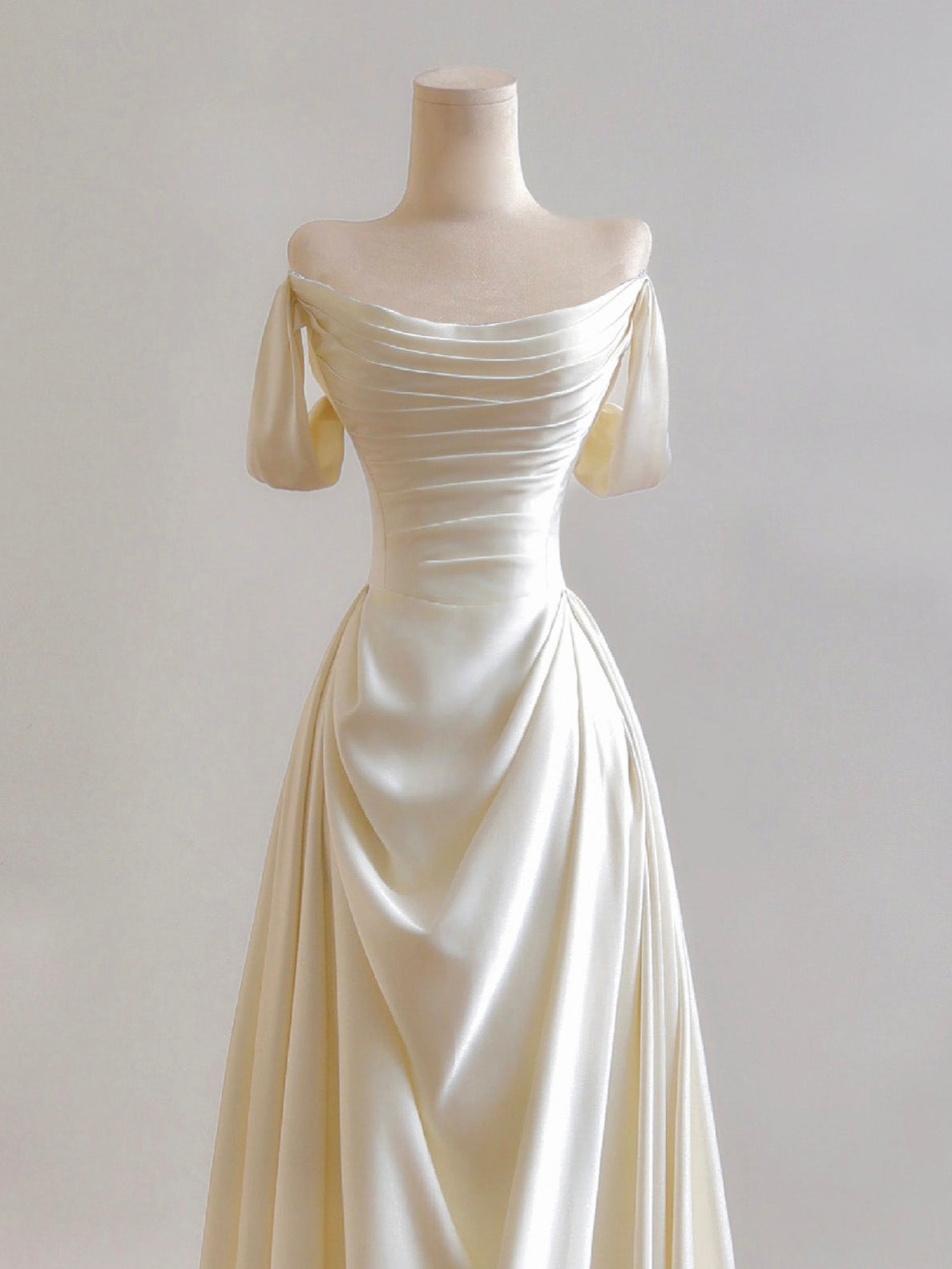 A-Line Off Shoulder Ruched Satin Wedding Dress Long Formal Dresses
