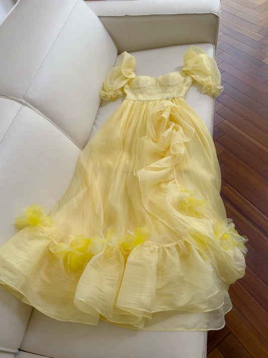 Classy A Line Yellow Long Prom Dress Ruffle Short Sleeves Graduation Outfit