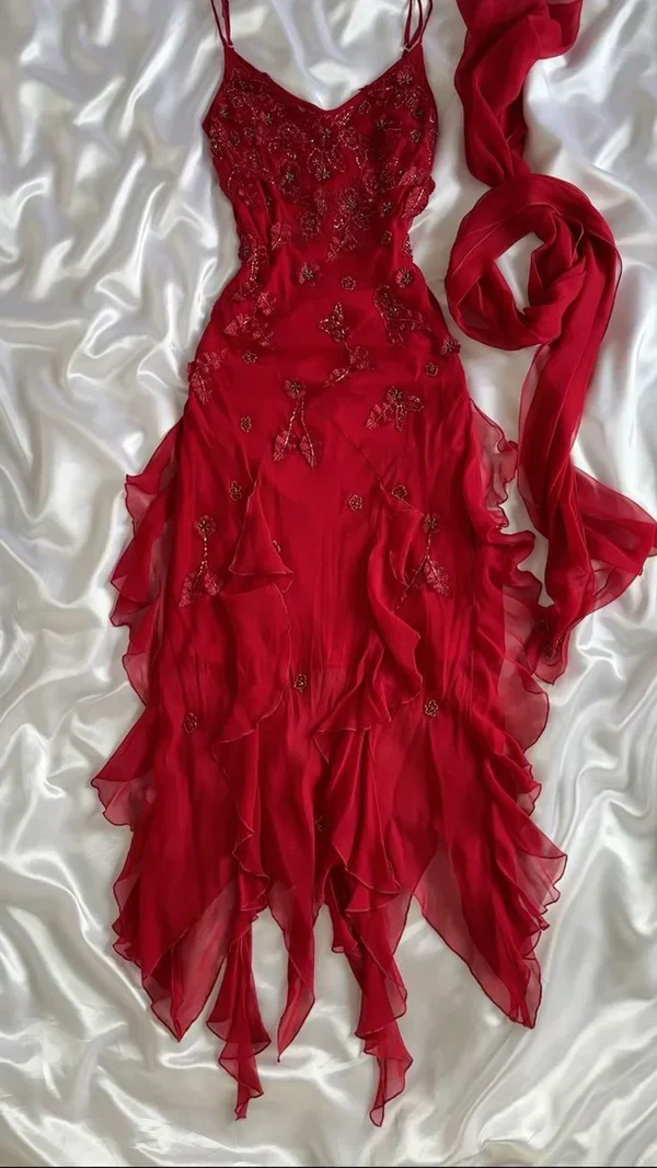 Spaghetti Straps Red Ruffle Long Prom Dress Applique Chiffon Formal Dresses