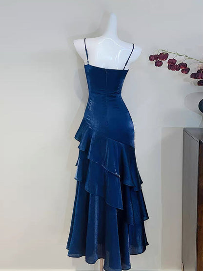 Navy Blue Long Prom Dress Fitted Long Ruffled Evening Dresses