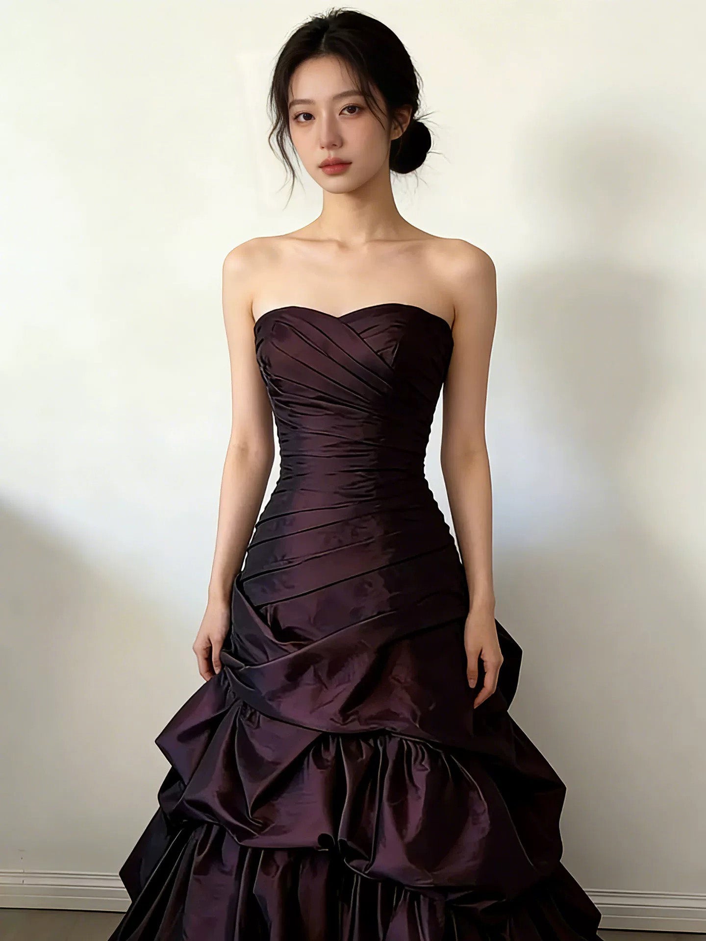 A-Line Sweetheart Ruched Bodice Ruffles Maroon Long Prom Dress