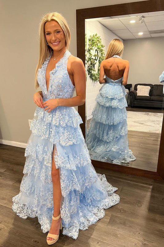 Halter Light Blue Appliques Ruffle Prom Dress with Slit