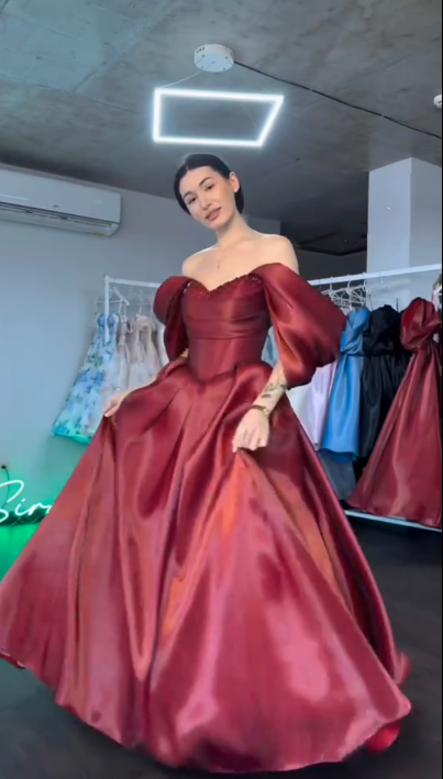 Burgundy Ball Gown Off The Shoulder Satin Beaded Puffed Sleeves Prom Gown