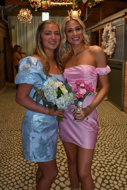 Off the Shoulder Pink Satin Sheath Short Cocktail Dress