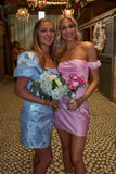 Off the Shoulder Pink Satin Sheath Short Cocktail Dress