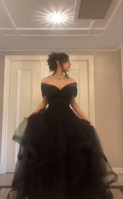 Black Off The Shoulder Tulle Long Prom Dress,Formal Graduation Dresses jkprom Black Off The Shoulder Tulle Long Prom Dress,Formal Graduation Dresses jkprom