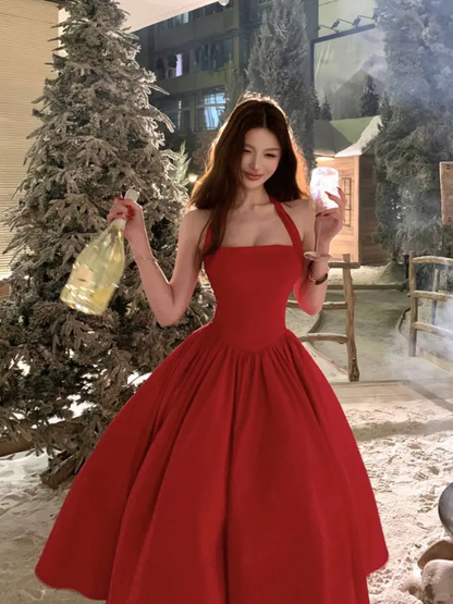 Halter A Line Satin Long Prom Dress Red Midi Evening Dresses Birthday Dress