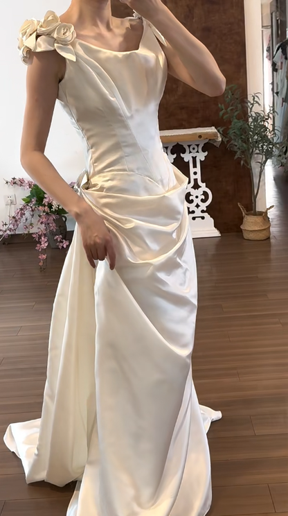 Romantic Satin Wedding Dress A Line Draped Bridal Gowns Long
