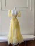 Classy A Line Yellow Long Prom Dress Ruffle Short Sleeves Graduation Outfit