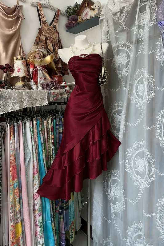 Champagne Strapless Satin Asymmetrical Maxi Ball Gown