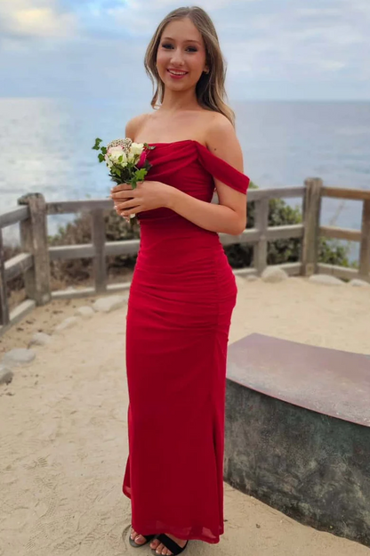 Red Off Shoulder Sheath Formal Prom Dress Tight Party Gown