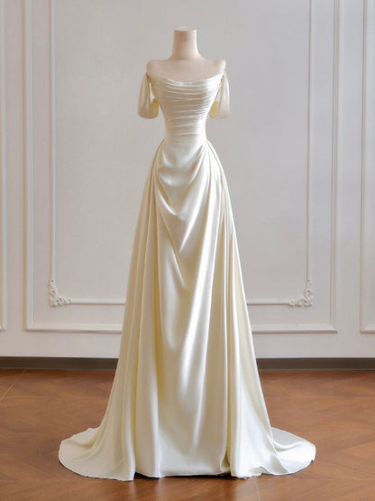 A-Line Off Shoulder Ruched Satin Wedding Dress Long Formal Dresses