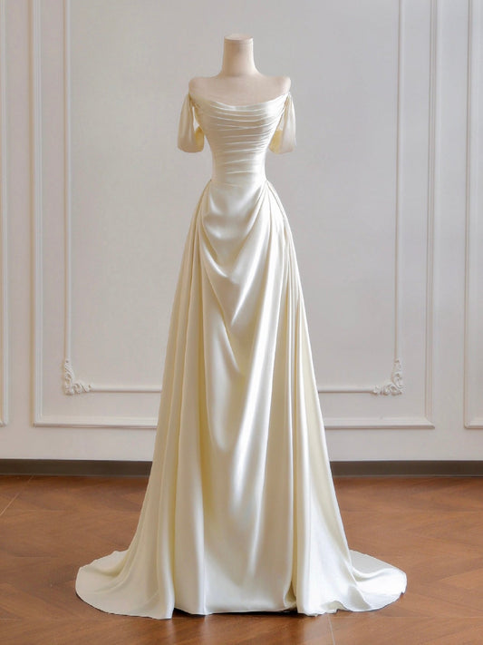 A-Line Off Shoulder Ruched Satin Wedding Dress Long Formal Dresses