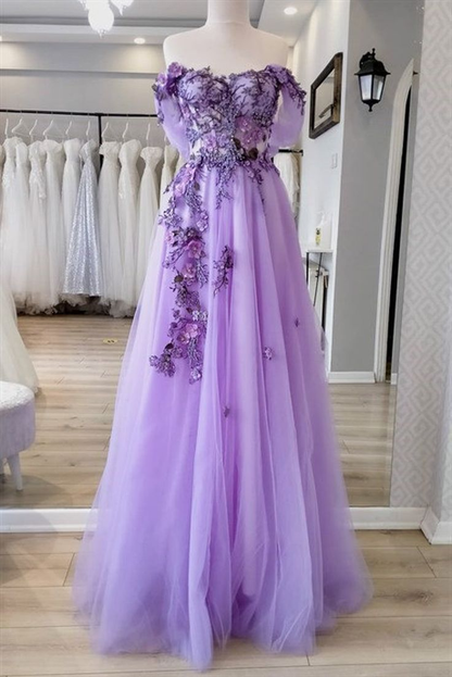 Stunning Off The Shoulder Intricate 3D Foral Appliques Long Prom Dress Fairy Evening Dresses