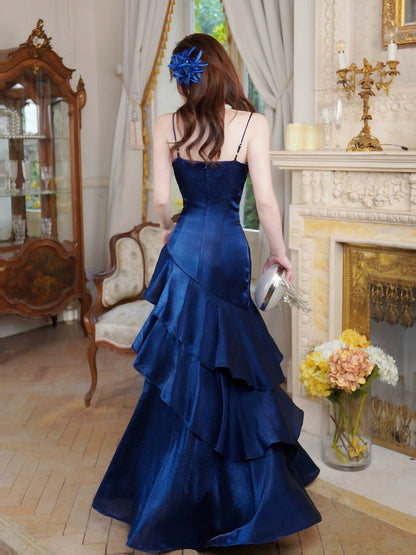 Navy Blue Long Prom Dress Fitted Long Ruffled Evening Dresses