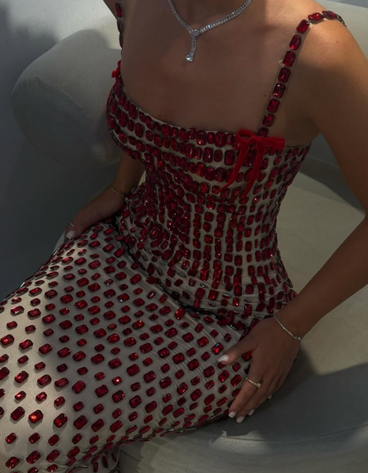 Red Sheath Long Prom Outfit Spaghetti Straps Luxury Rhinestone Formal Dress