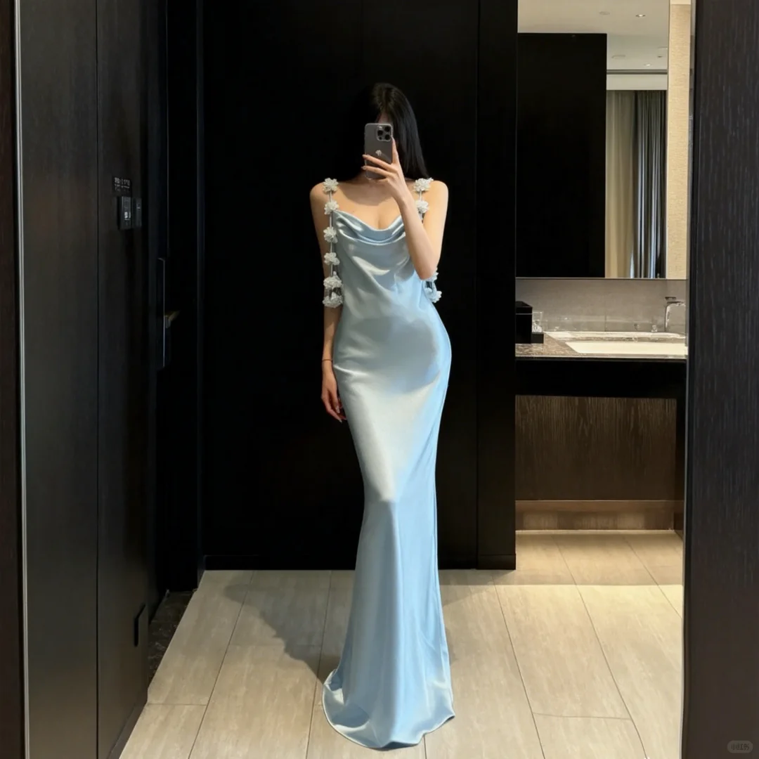 Gentle Blue Mermaid Formal Dress Outfits Spaghetti Strap Satin Long Evening Gowns