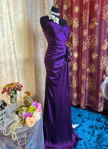 Sexy Spaghetti Straps Satin Pleated Slit Long Prom Dress Purple Mermaid Evening Gown