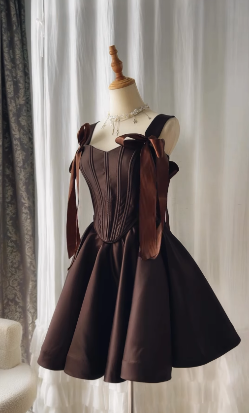 Brown A Line Short Homecoming Dress Straps Satin Cocktail Dresses