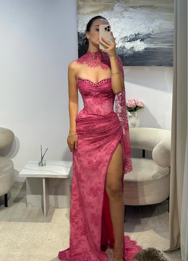 High Slit Lace Prom Dresses Mermaid Dress for Formal Occasion