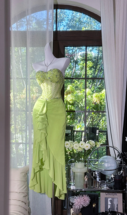 Classy Green Mermaid Evening Dresses Sweetheart Neck Beaded Ruffle Chiffon Prom Outfit
