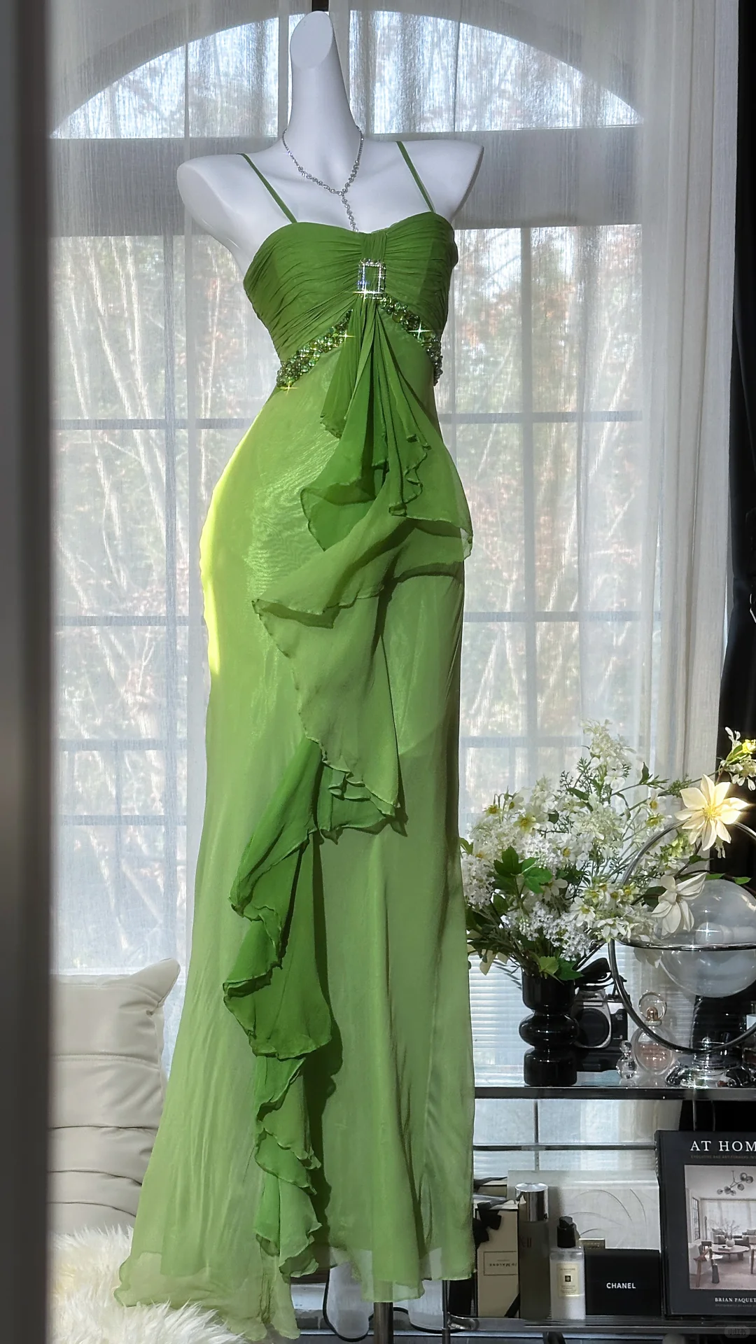 Charming Mermaid Straps Birthday Dress Beaded Ruffle Green Chiffon Long Prom Outfit