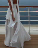 White Strapless Satin Chiffon Split Holiday Summer Prom Dress