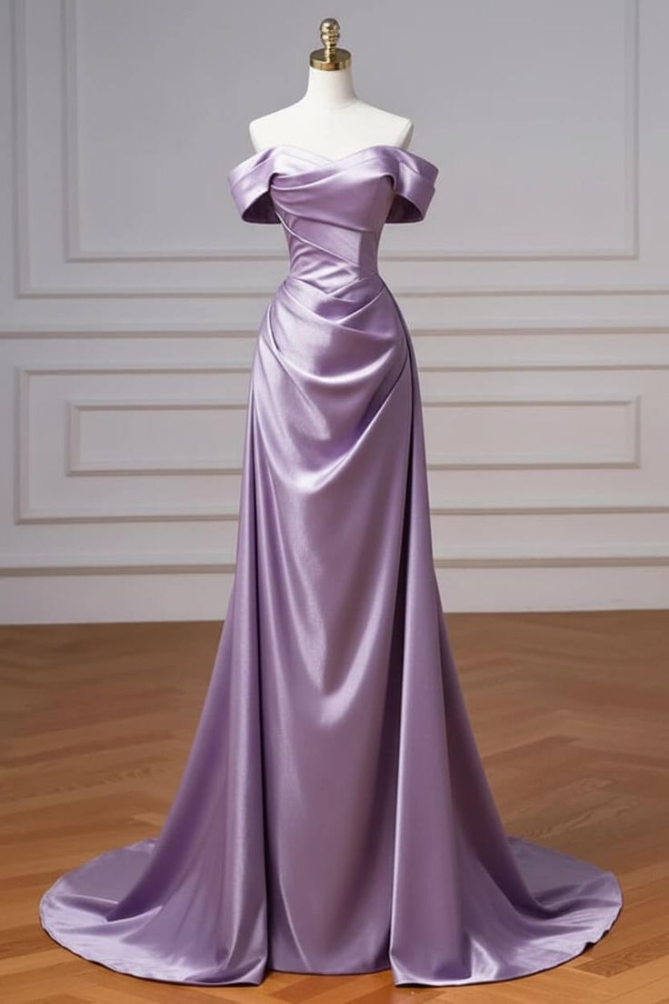 Burgundy Prom Dresses Off The Shoulder Draped Satin Floor Length Evening Dress