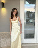 Pretty Satin Prom Dress Light Yellow Maxi Event Dresses