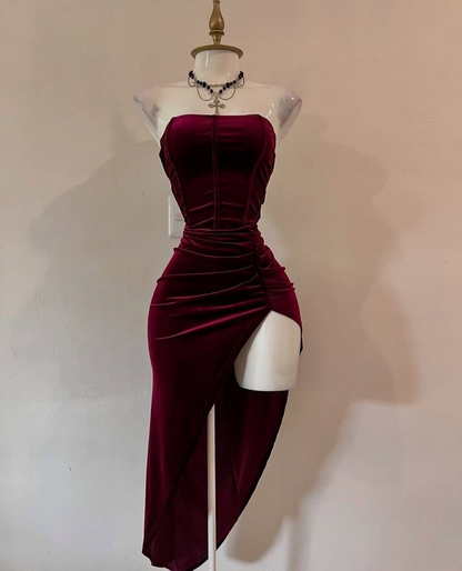 Sexy Strapless Slit Evening Dress Burgundy Birthday Party Outfit