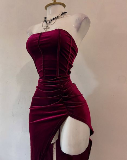 Sexy Strapless Slit Evening Dress Burgundy Birthday Party Outfit