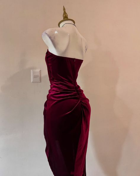 Sexy Strapless Slit Evening Dress Burgundy Birthday Party Outfit