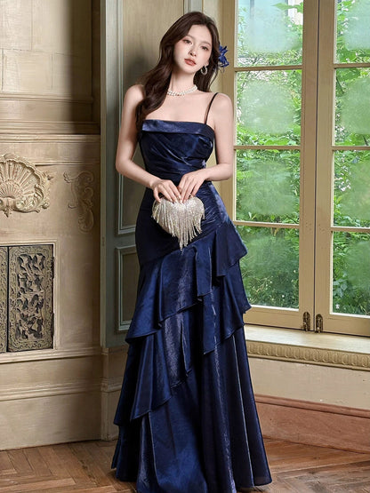 Navy Blue Long Prom Dress Fitted Long Ruffled Evening Dresses