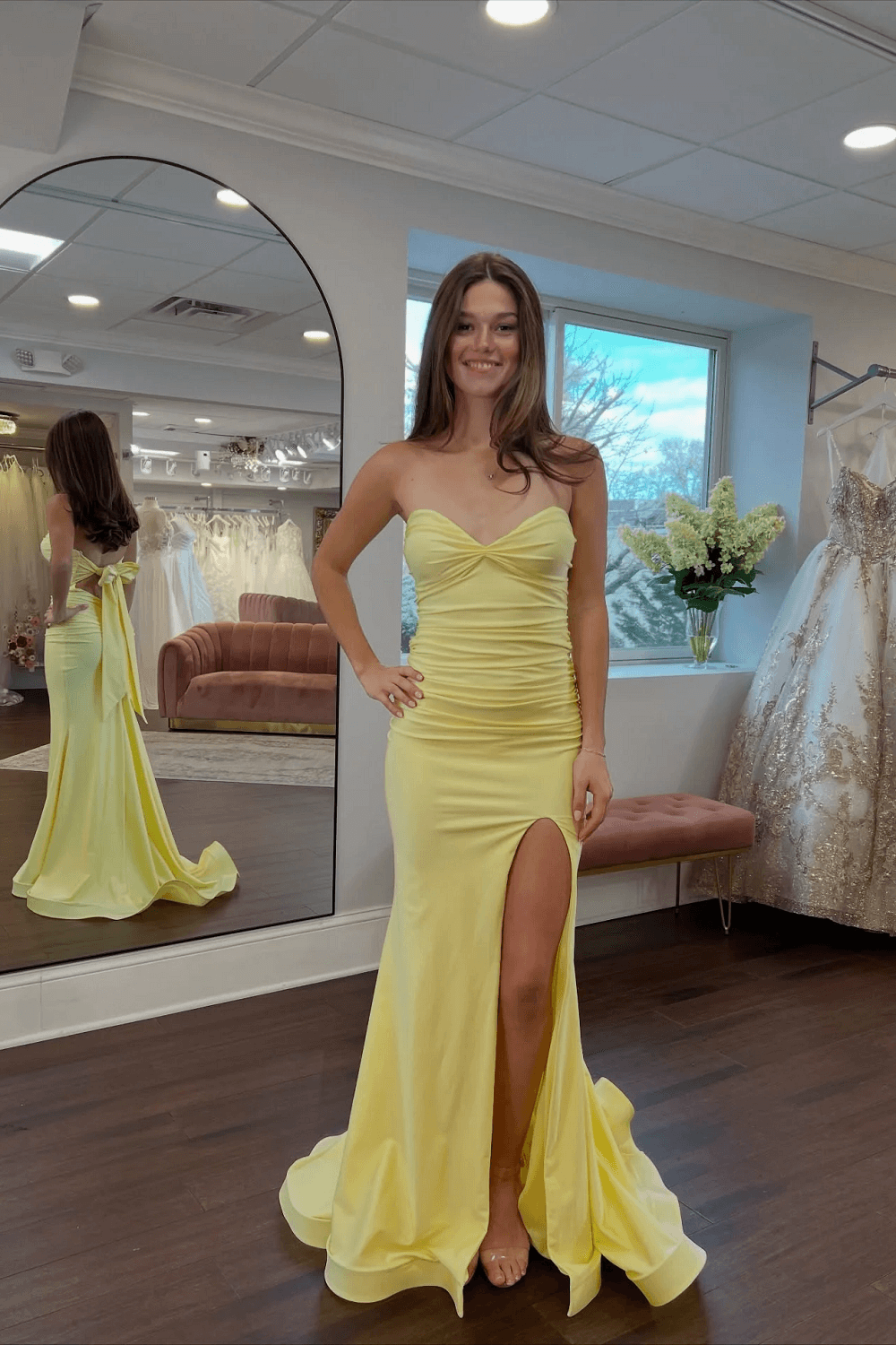Elegant Yellow Fitted Dresses Long Classy Open Back Prom Dress with Slit