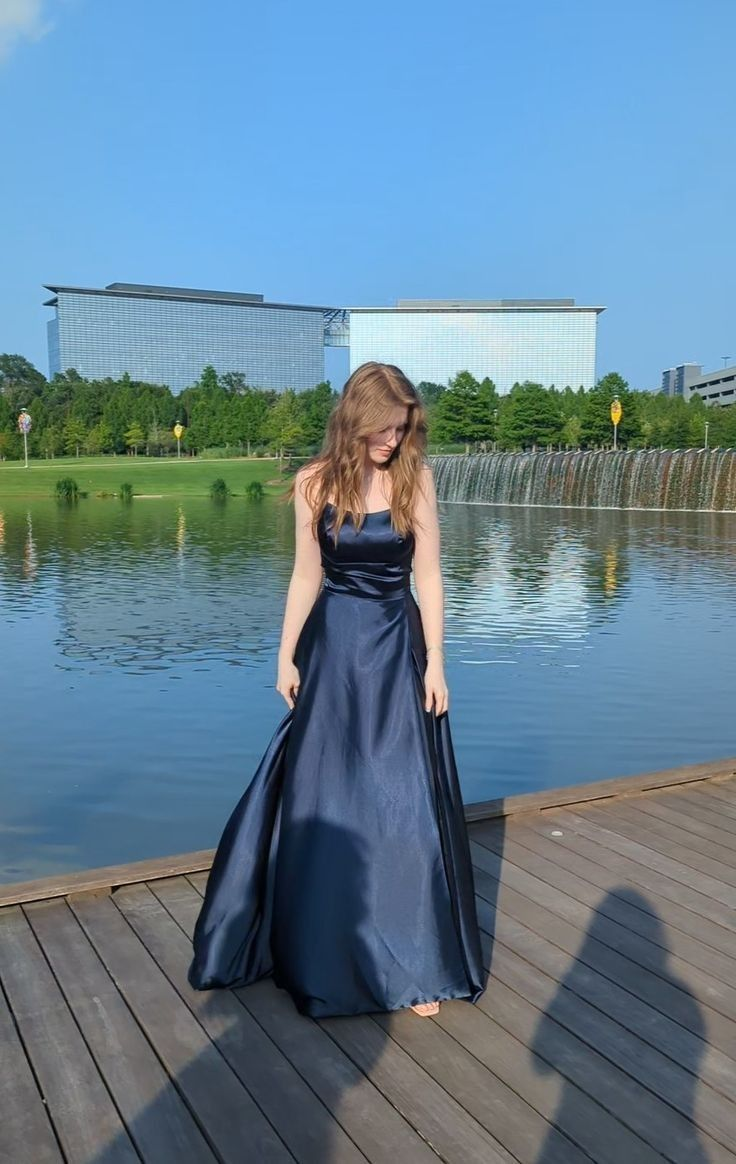 Elegant A Line Navy Blue Satin Long Prom Dresses Formal Dress Outfits