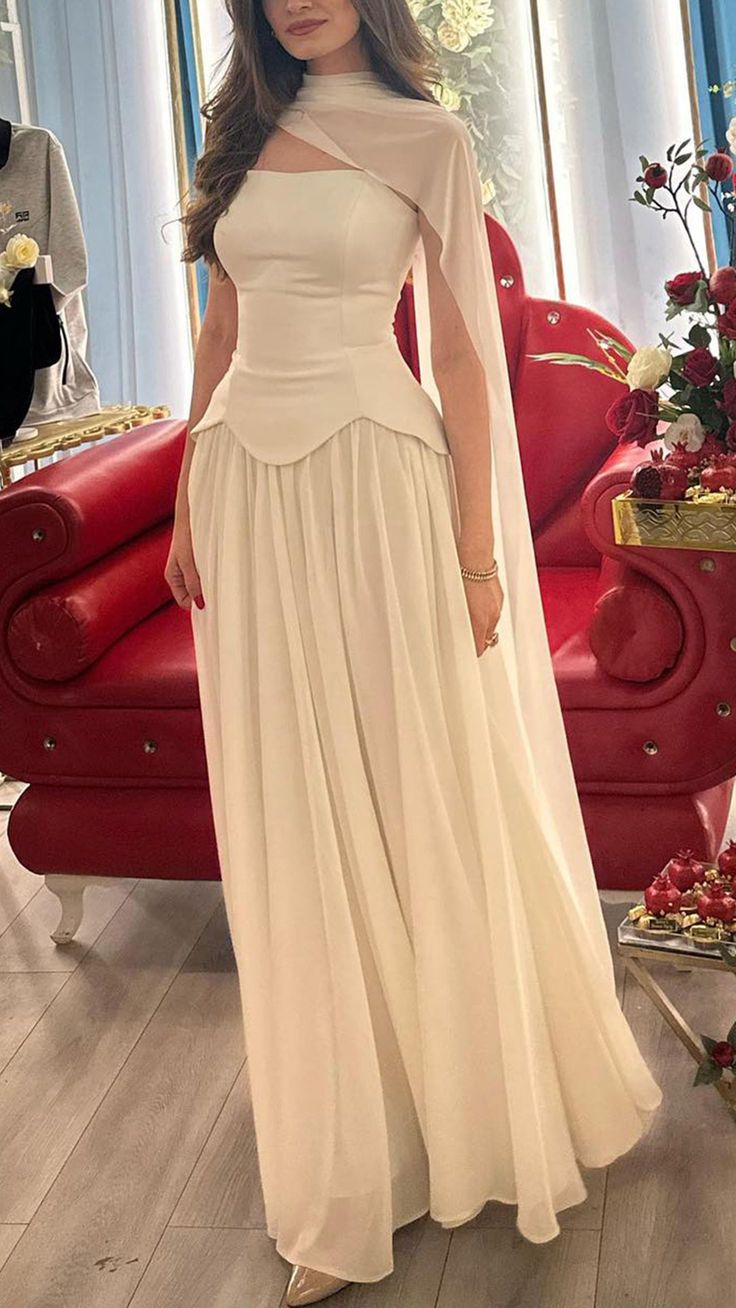 A-line Chiffon Evening Dress Dramatic Attached Chiffon Cape
