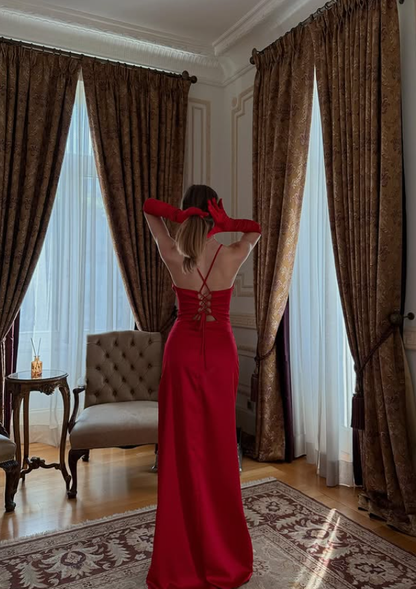 Elegant Red Sheath Long Evening Dress with Slit Spaghetti Strap Casual Prom Dresses