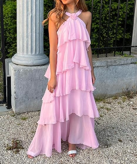 Pink A-line Tiered Prom Dress Backless Chiffon Formal Outfit