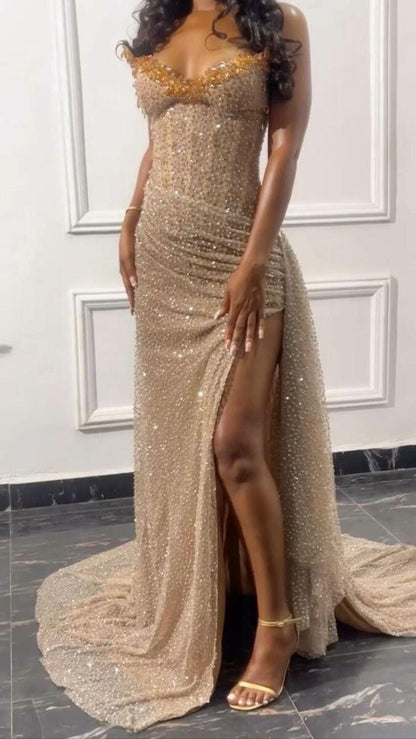 Gorgeous Champagne Strapless Evening Gown Leg Slit Mermaid Long Prom Dress