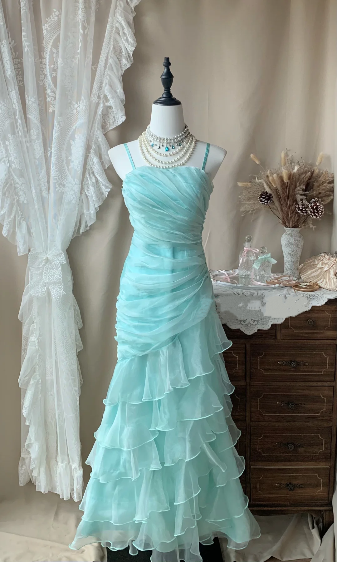 Spaghetti Straps Ruffle Long Prom Dress Mermaid Formal Party Dresses