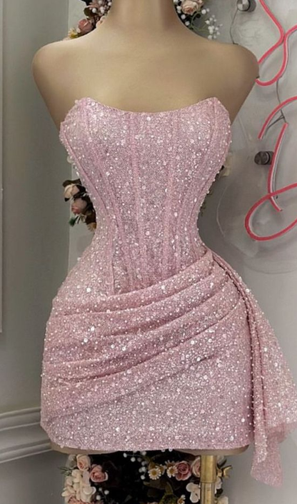 Pink Strapless Sequins Party Dress Mini Homecoming Dress Birthday Outfits