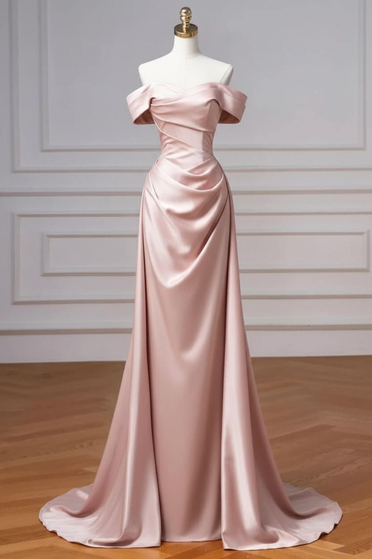 Burgundy Prom Dresses Off The Shoulder Draped Satin Floor Length Evening Dress