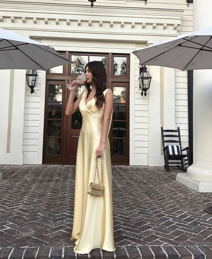 Classy Prom Dresses Long Yellow A-line Satin Party Dress for Women