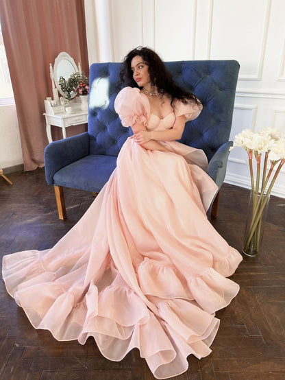 Pink A-Line Organza Long Prom Dress Engagement Dress with Puff Sleeves jkprom Pink A-Line Organza Long Prom Dress Engagement Dress with Puff Sleeves jkprom