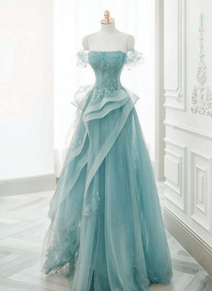 Luxury Strapless Tulle Birthday Dress A-line Long Prom Dresses