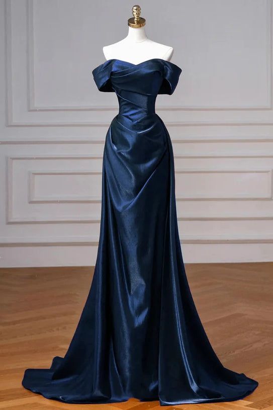 Burgundy Prom Dresses Off The Shoulder Draped Satin Floor Length Evening Dress