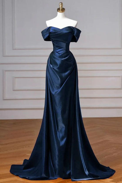 Burgundy Prom Dresses Off The Shoulder Draped Satin Floor Length Evening Dress