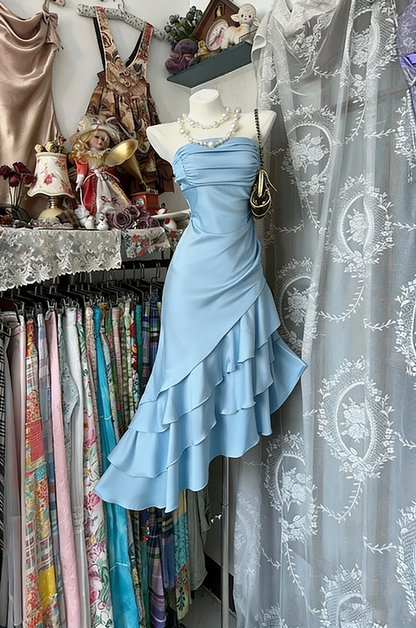 Champagne Strapless Satin Asymmetrical Maxi Ball Gown