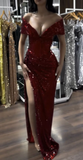 Stunning Off The Shoulder Sequin Evening Dress Glamour Burgundy Slit Party Gown